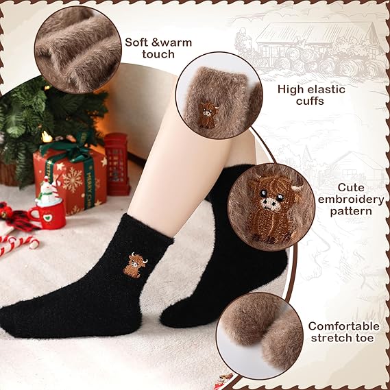 🔥 Niedliche, warme Plüschsocken für Damen mit gesticktem Hochlandrind-Motiv